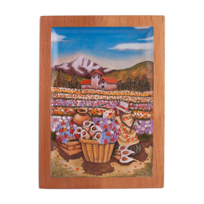 Cedar relief panel, 'Floral Harvest' - Cedar Wood Relief Panel of a Flower Field from Peru