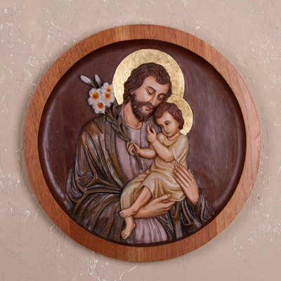 Cedar wood relief panel, St. Joseph with the Baby Jesus