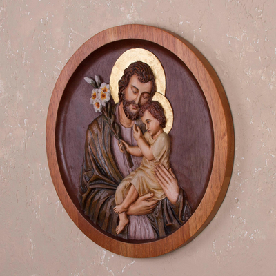 Cedar wood relief panel, 'St. Joseph with the Baby Jesus' - Cedar Wood Relief Panel of St. Joseph with Baby Jesus