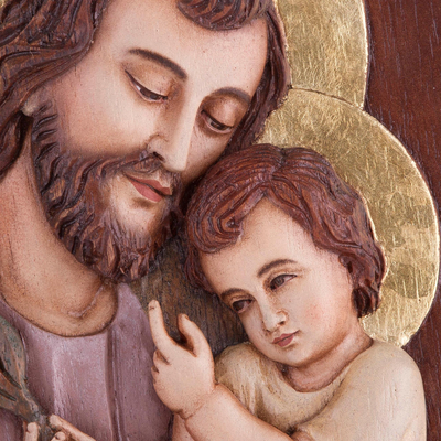 Cedar wood relief panel, 'St. Joseph with the Baby Jesus' - Cedar Wood Relief Panel of St. Joseph with Baby Jesus