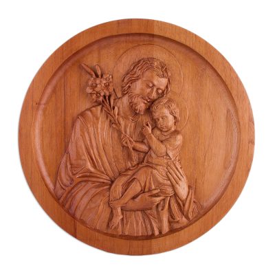 Cedar relief panel, 'Saint Joseph and Jesus' - Cedar Wood Relief Panel of Joseph and Jesus from Peru