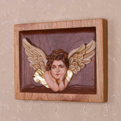 Cedar relief panel, 'Blissful Angel' - Hand-Carved Cedar Wood Relief Panel of an Angel from Peru