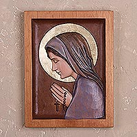Cedar relief panel, 'Saint of Devotion' - Hand-Carved Cedar Wood Relief Panel of Mary from Peru