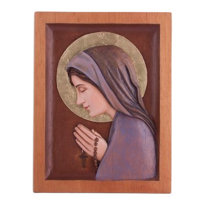 Cedar relief panel, 'Saint of Devotion' - Hand-Carved Cedar Wood Relief Panel of Mary from Peru