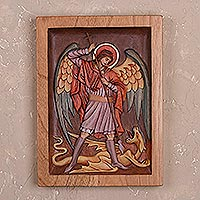 Cedar relief panel, 'Archangel Saint Michael'