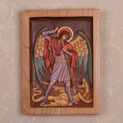 Cedar relief panel, 'Archangel Saint Michael' - Cedar Wood Relief Panel of Saint Michael from Peru
