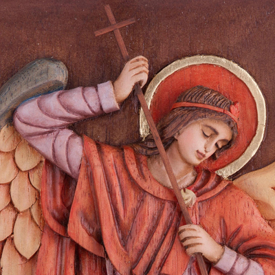 Cedar relief panel, 'Archangel Saint Michael' - Cedar Wood Relief Panel of Saint Michael from Peru