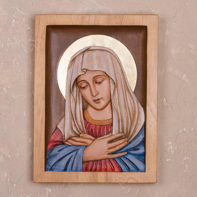 Cedar relief panel, 'Peaceful Virgin' - Cedar Wood Relief Panel of the Virgin Mary from Peru