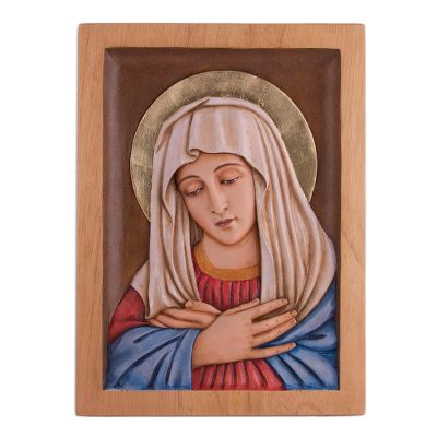 Cedar relief panel, 'Peaceful Virgin' - Cedar Wood Relief Panel of the Virgin Mary from Peru