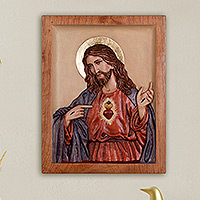 Cedar relief panel, 'Divine Heart' - Hand-Painted Cedar Wood Wall Relief Panel of Jesus from Peru
