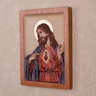 Reliefplatte aus Zedernholz - Handbemaltes Wandrelief aus Zedernholz mit Jesus aus Peru