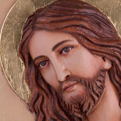 Reliefplatte aus Zedernholz - Handbemaltes Wandrelief aus Zedernholz mit Jesus aus Peru