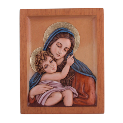Cedar relief panel, 'Beautiful Love' - Cedar Wood Relief Panel of Mary and Jesus from Peru