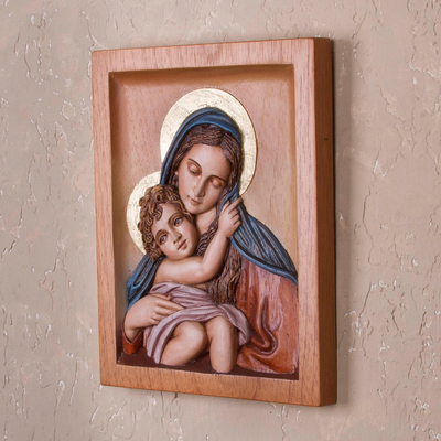 Reliefplatte aus Zedernholz - Zedernholz-Relieftafel von Maria und Jesus aus Peru