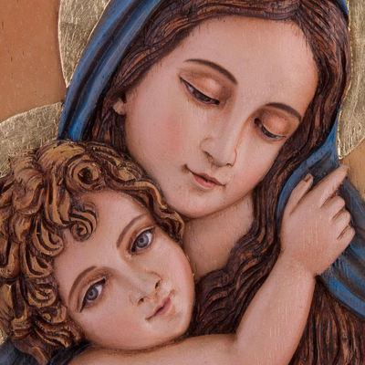 Reliefplatte aus Zedernholz - Zedernholz-Relieftafel von Maria und Jesus aus Peru