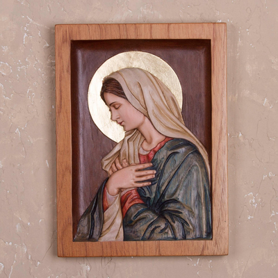 Cedar relief panel, 'Meditating Virgin' - Hand-Painted Cedar Wood Relief Panel of Mary from Peru