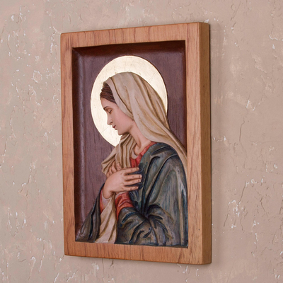 Cedar relief panel, 'Meditating Virgin' - Hand-Painted Cedar Wood Relief Panel of Mary from Peru
