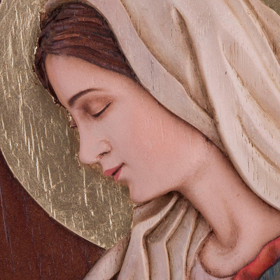 Panel en relieve de cedro - Relieve de María en Madera de Cedro Pintado a Mano de Perú