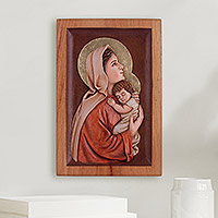 Cedar relief panel, 'Caring Virgin' - Hand-Painted Cedar Relief Panel of Mary and Jesus from Peru