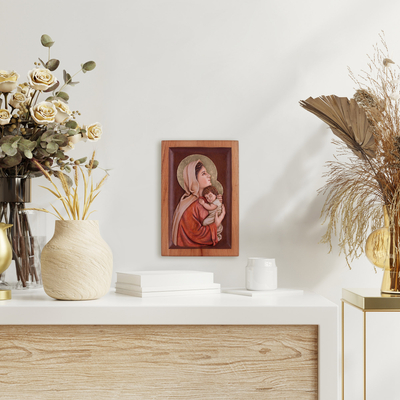 Reliefplatte aus Zedernholz - Handbemalte Relieftafel aus Zedernholz mit Maria und Jesus aus Peru