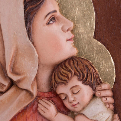 Cedar relief panel, 'Caring Virgin' - Hand-Painted Cedar Relief Panel of Mary and Jesus from Peru