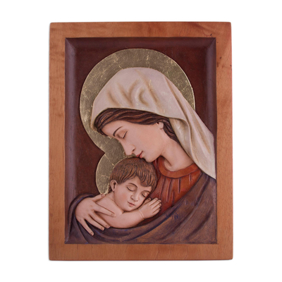 Cedar relief panel, 'Loved Mother' - Cedar Wood Wall Relief Panel of Mary and Jesus from Peru
