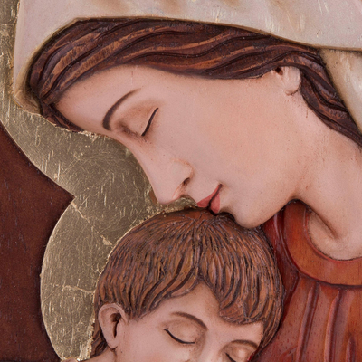 Reliefplatte aus Zedernholz - Wandrelief aus Zedernholz mit Maria und Jesus aus Peru
