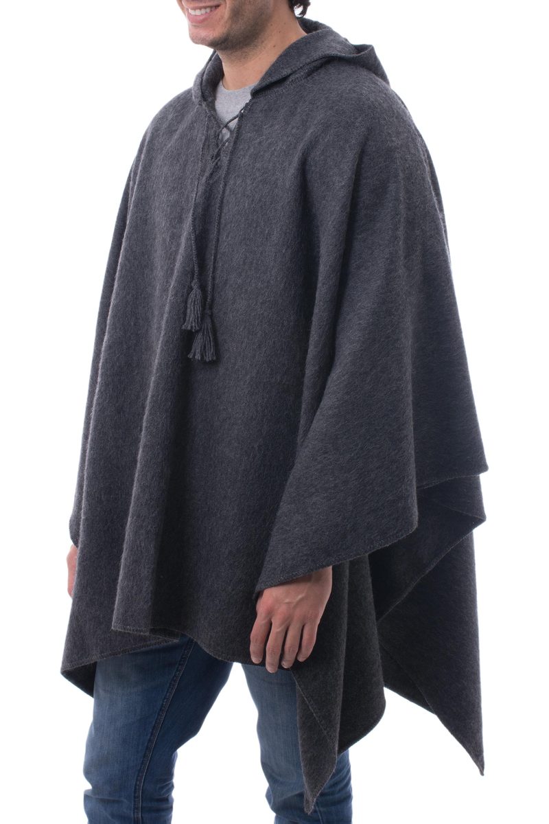 Graphite Grey Alpaca Blend Hooded Poncho for Men - Highlands Grey
