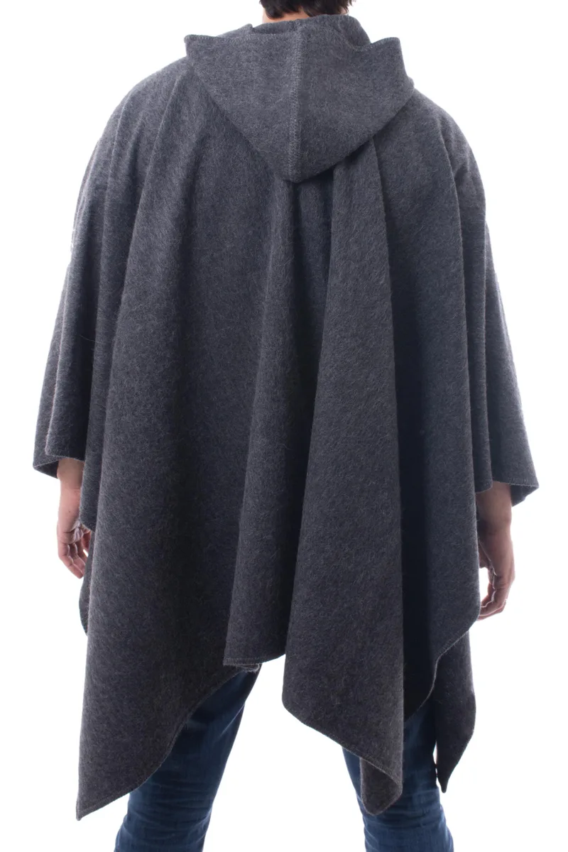Graphite Grey Alpaca Blend Hooded Poncho for Men - Highlands Grey