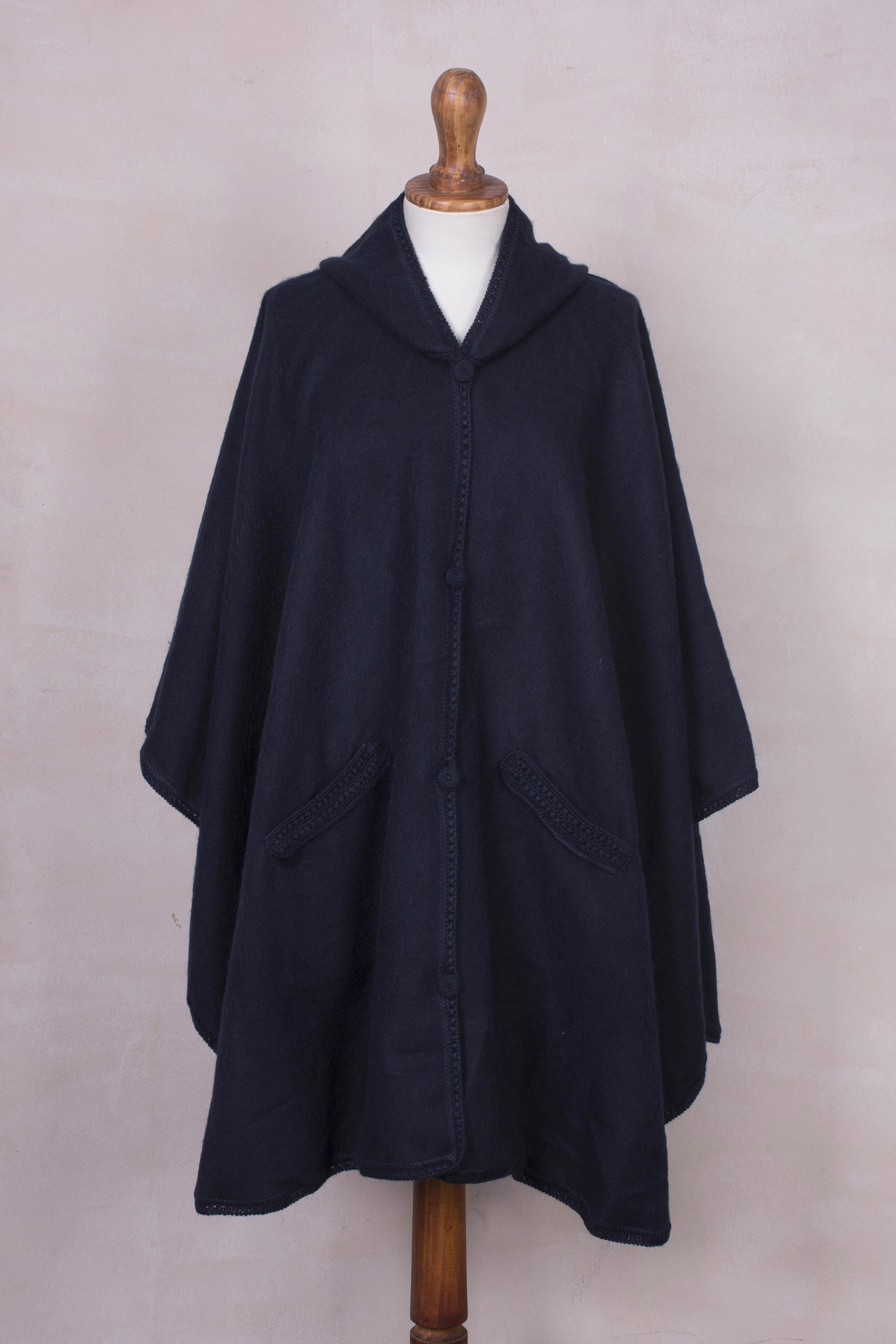 Hooded Woven Navy Alpaca Blend Cape - Vision in Navy | NOVICA