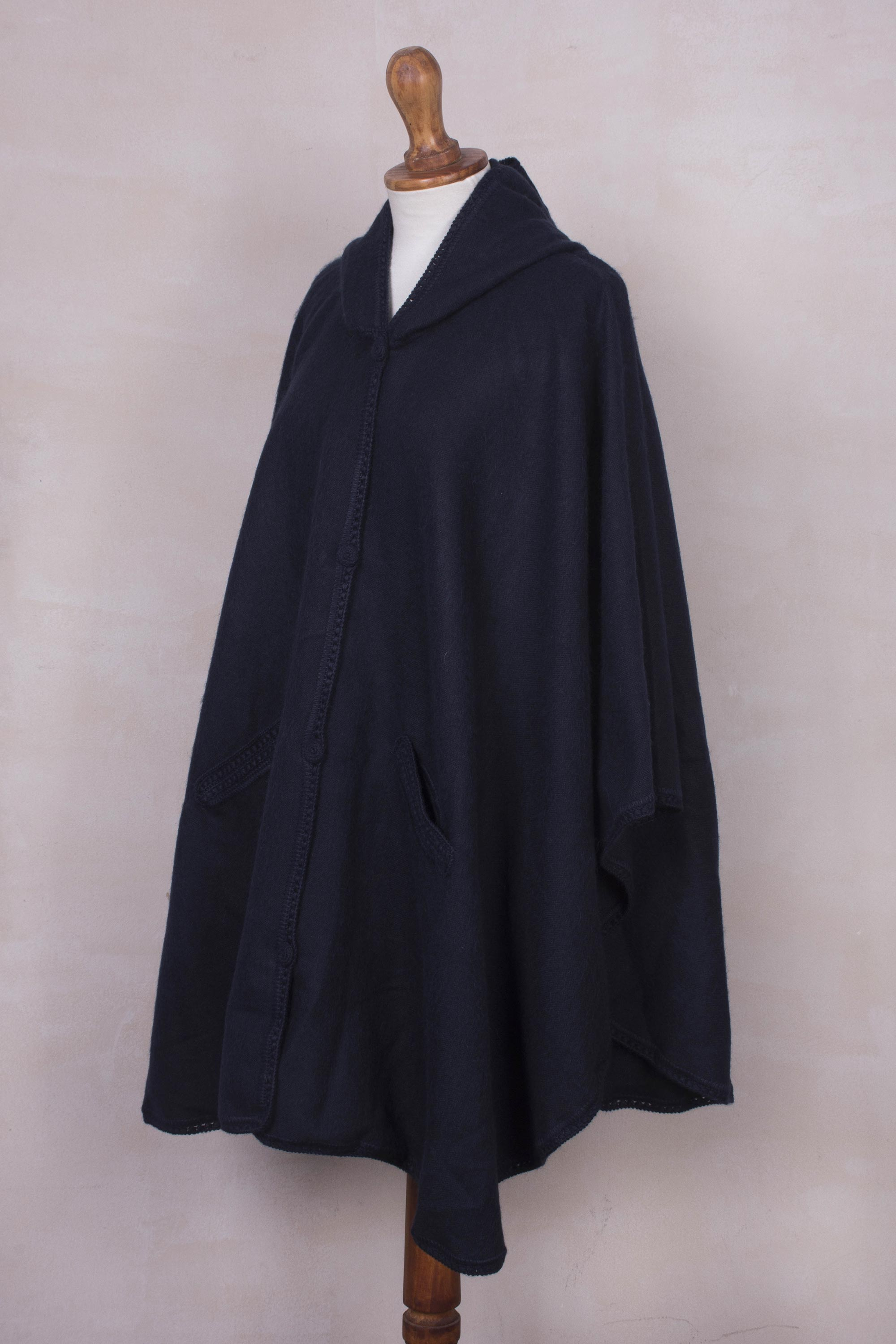 Hooded Woven Navy Alpaca Blend Cape - Vision in Navy | NOVICA