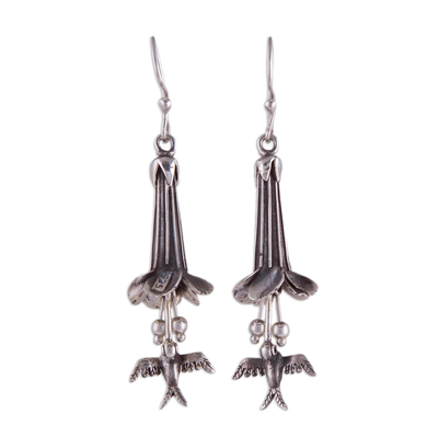 Sterling silver dangle earrings, 'Cantu and Hummingbirds' - Silver Cantu Flower and Hummingbird Earrings from Peru