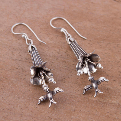 Sterling silver dangle earrings, 'Cantu and Hummingbirds' - Silver Cantu Flower and Hummingbird Earrings from Peru
