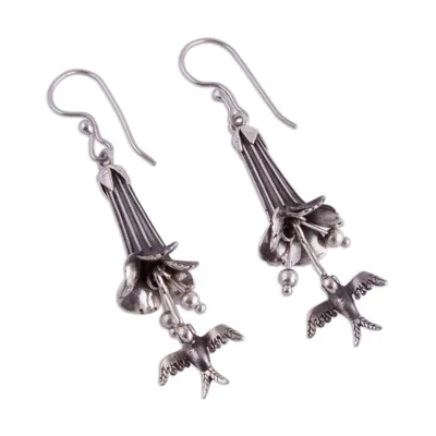 Sterling silver dangle earrings, 'Cantu and Hummingbirds' - Silver Cantu Flower and Hummingbird Earrings from Peru