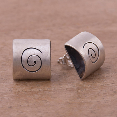 Sterling silver button earrings, 'Hypnotic Gaze' - Spiral Motif Sterling Silver Button Earrings from Peru