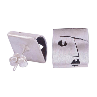 Sterling silver button earrings, 'Feminine Profile' - Face Motif Sterling Silver Button Earrings from Peru
