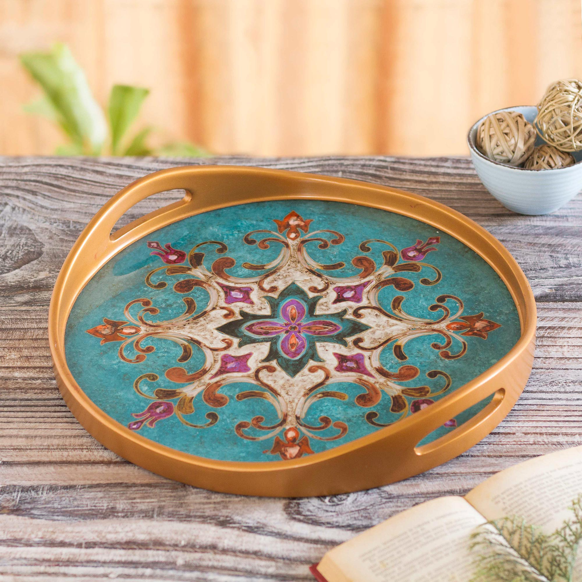 UNICEF Market | Reverse Painted Glass and Wood Turquoise Floral Round ...