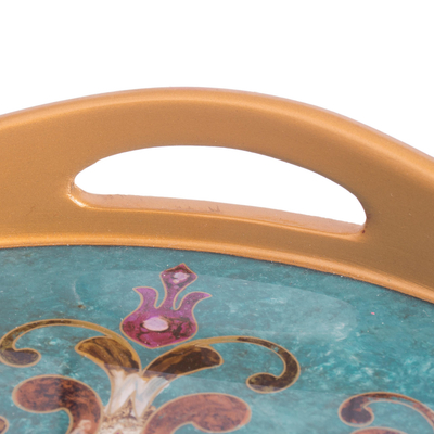 Reverse-painted glass tray, 'Colonial Elegance' - Reverse Painted Glass and Wood Turquoise Floral Round Tray