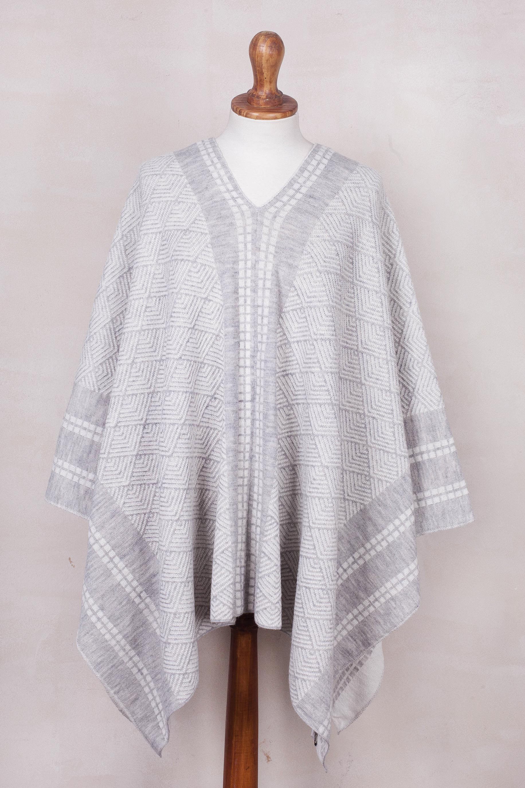 Grey and White Patterned Alpaca Blend Knit Poncho from Peru - Grey ...