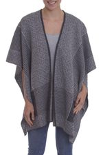 Alpaca blend reversible ruana, 'Grey Medley' - Peruvian Reversible Multi Patterned Grey Alpaca Blend Ruana