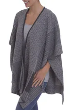 Alpaca blend reversible ruana, 'Grey Medley' - Peruvian Reversible Multi Patterned Grey Alpaca Blend Ruana
