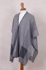 Alpaca blend reversible ruana, 'Grey Medley' - Peruvian Reversible Multi Patterned Grey Alpaca Blend Ruana