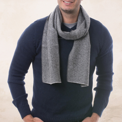 Mens 100% alpaca scarf, Grey Herringbone