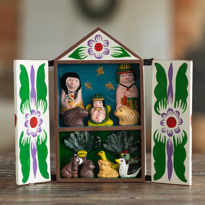 Wood retablo, 'Christmas with the Bora People' - Handcrafted Retablo Diorama Amazon Tribal Nativity Scene