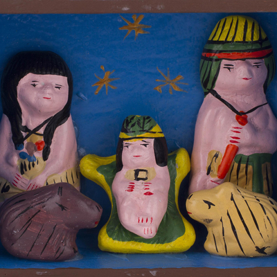 Wood retablo, 'Christmas with the Bora People' - Handcrafted Retablo Diorama Amazon Tribal Nativity Scene