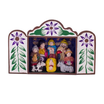 Wood retablo, 'First Christmas in Peru' - Andean Handcrafted Retablo Diorama Folk Art Nativity Scene