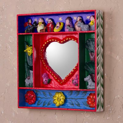 Wood retablo mirror, 'Love Divine' - Handcrafted Retablo Nativity Scene Wall Mirror from Peru