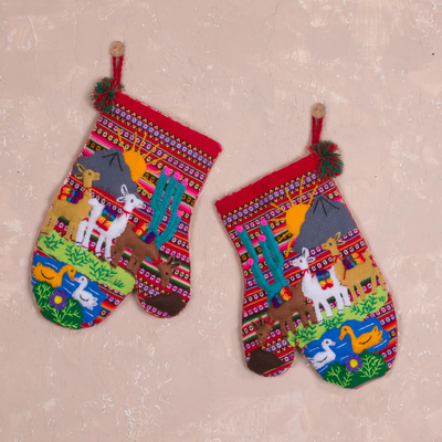 Cotton arpillera decorative mitts, 'Llama Walk' (pair) - Hand Made Cotton Arpillera Decorative Mitts Featuring Llamas
