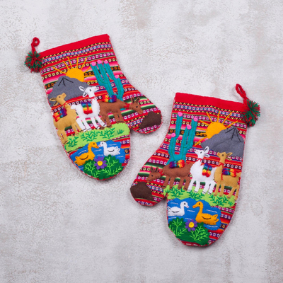 Zierhandschuhe aus Arpillera-Baumwolle, (Paar) - Handgefertigte dekorative Arpillera-Handschuhe aus Baumwolle mit Lamas