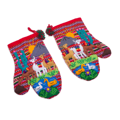 Cotton arpillera decorative mitts, 'Llama Walk' (pair) - Hand Made Cotton Arpillera Decorative Mitts Featuring Llamas